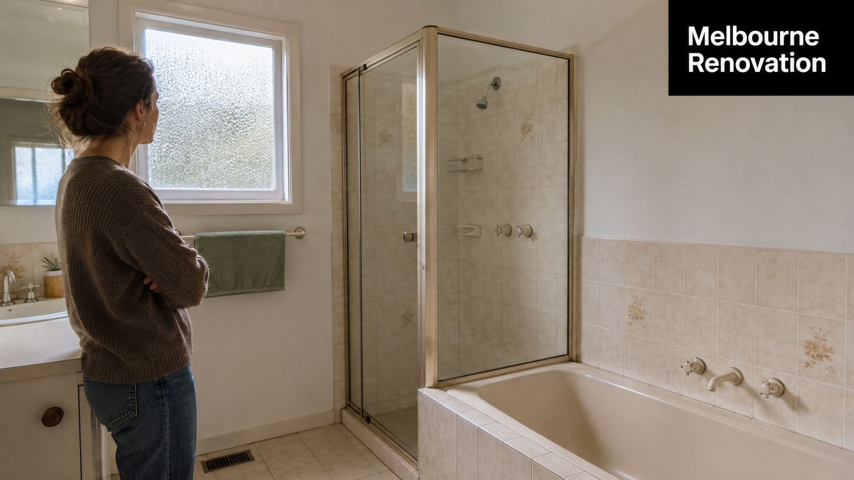 A woman looks at her dated bathroom that needs professional tiling services and a modern renovation.