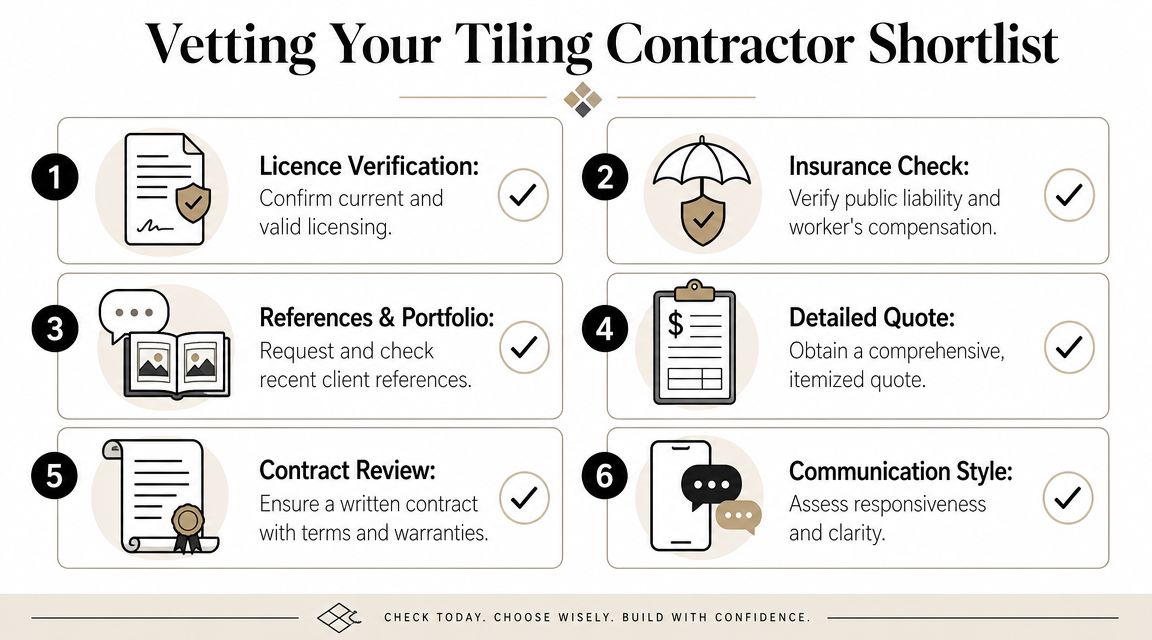 A checklist infographic outlining six essential steps for vetting and hiring a professional tiling contractor.