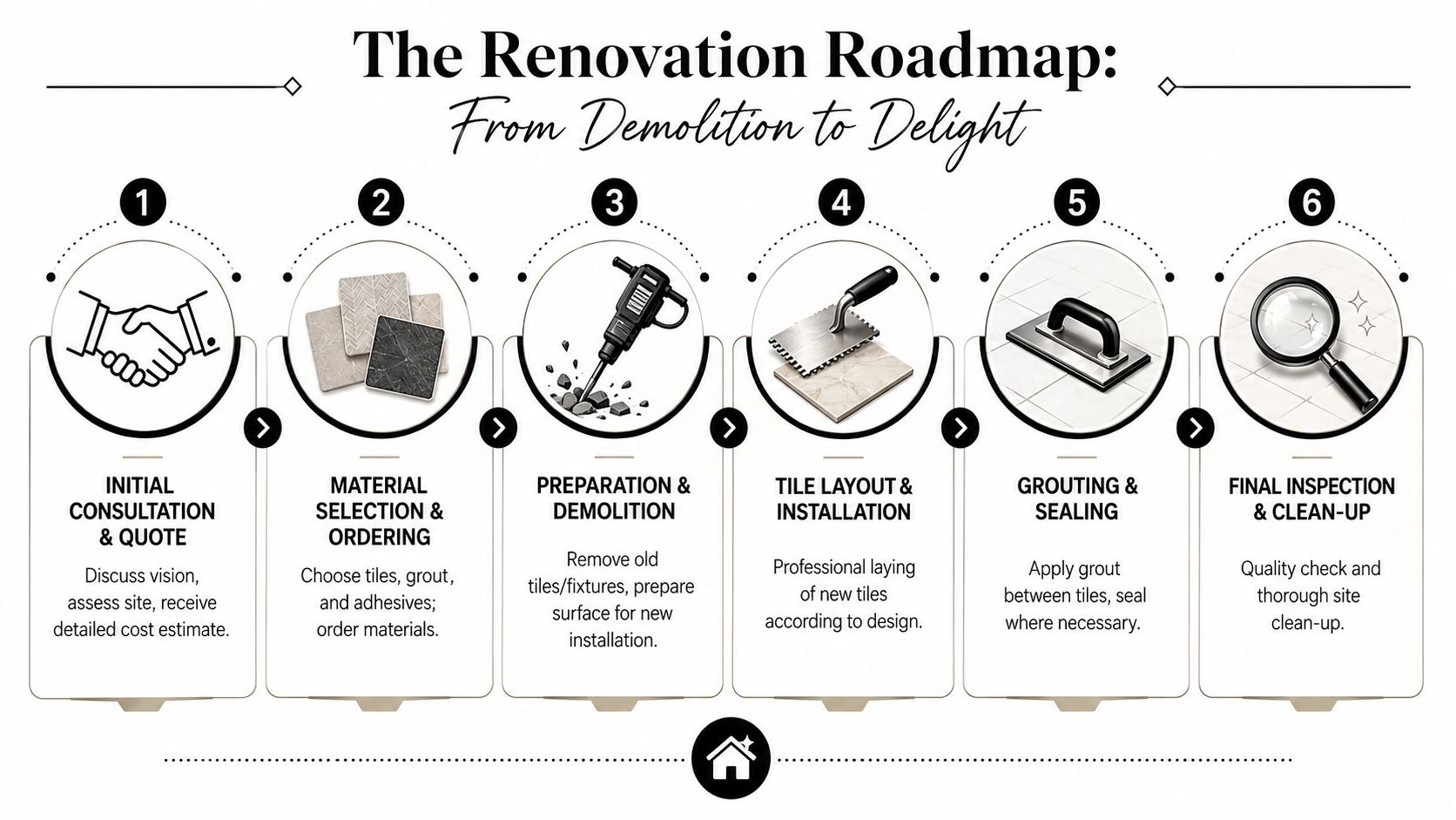 A six-step infographic illustrating the professional renovation roadmap for tiling jobs in Melbourne, Australia.