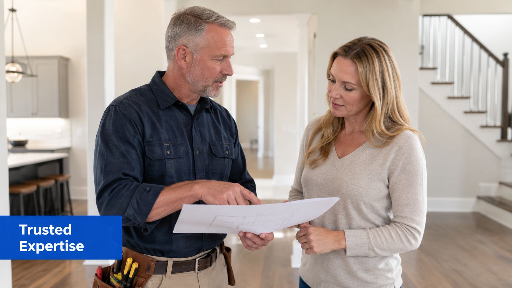 A professional contractor discussing home renovation blueprints with a female client in a modern house interior.