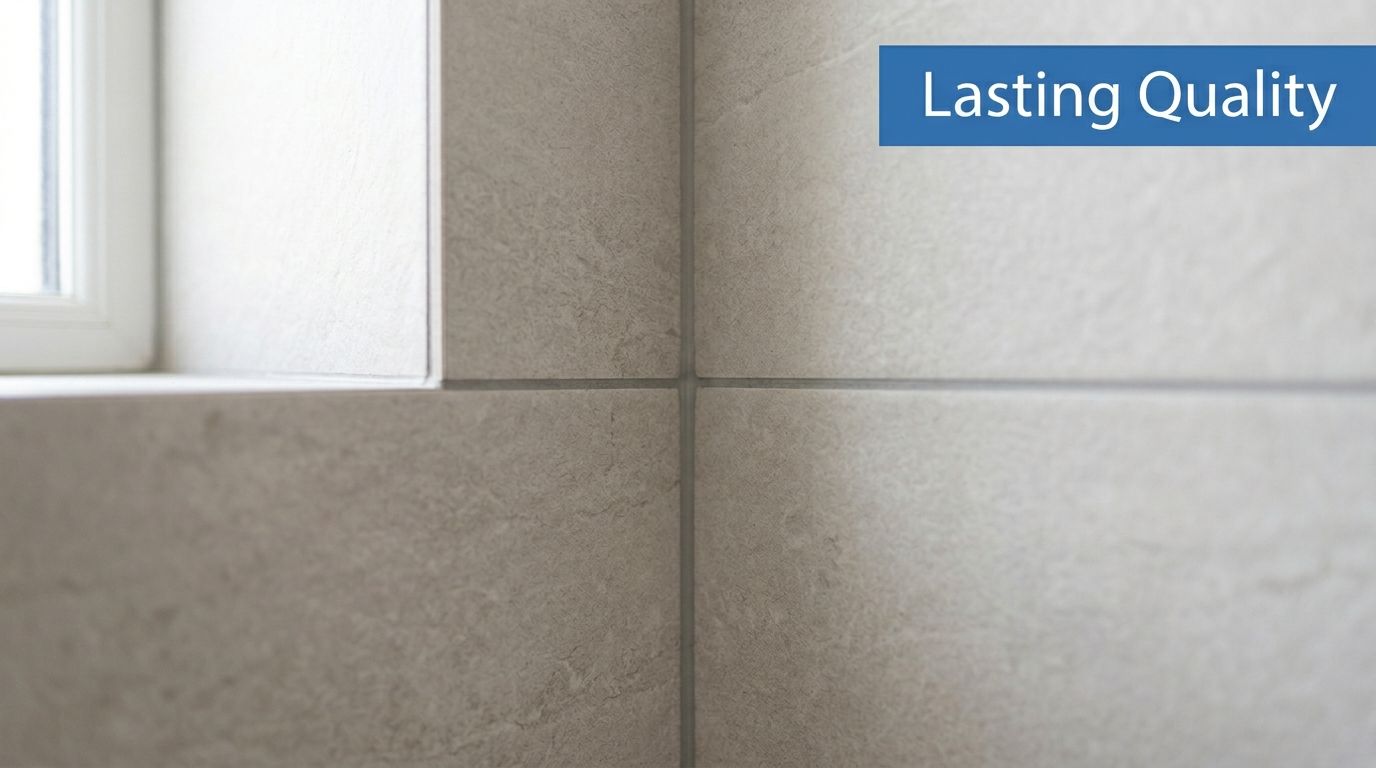 A close-up view of precision installed stone tiles in a corner area near a bright white window.