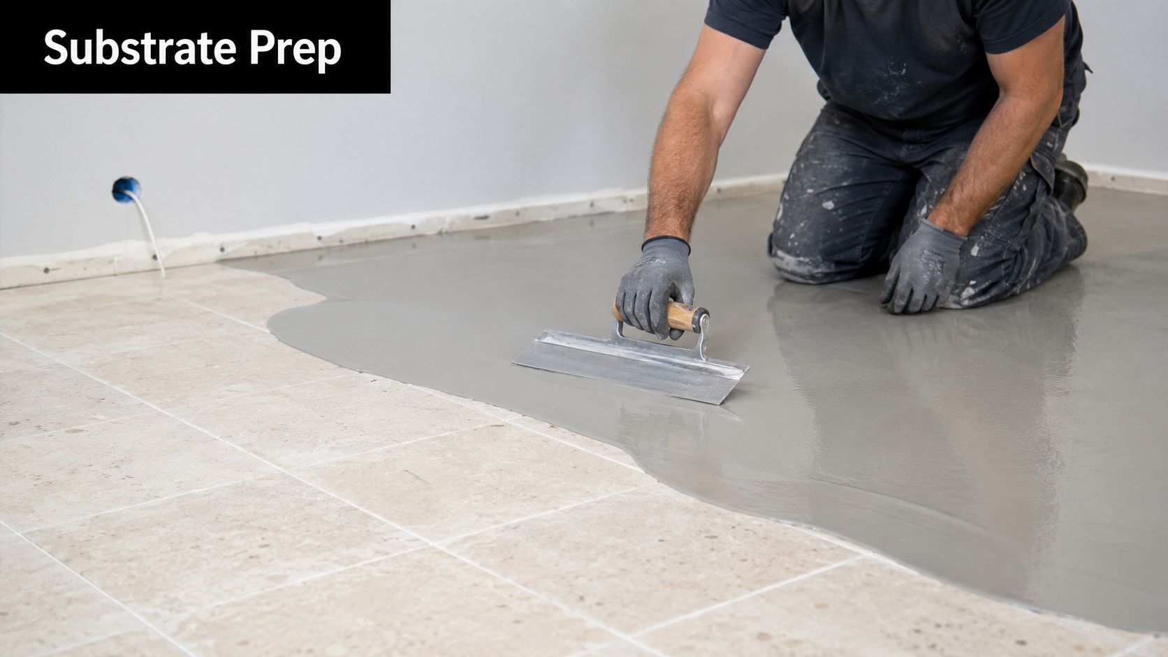 A professional flooring contractor applying a self-leveling compound over existing tile for a smooth surface.
