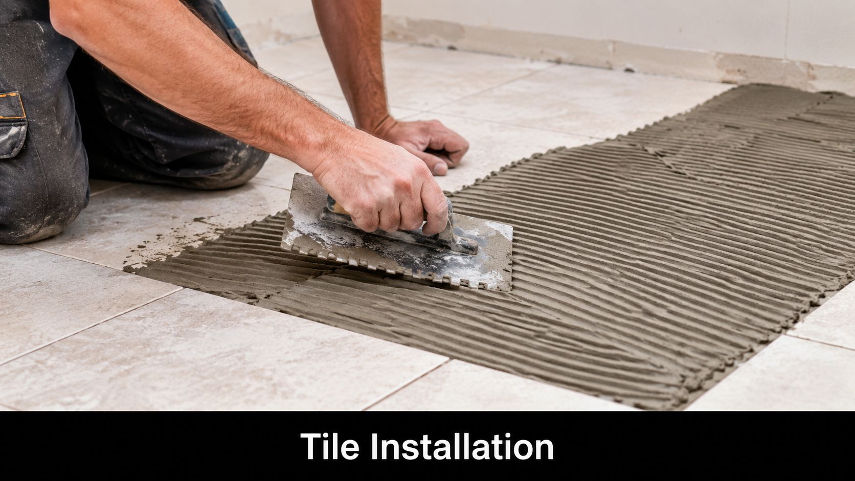 A professional construction worker spreading mortar adhesive on a floor while installing ceramic tiles.