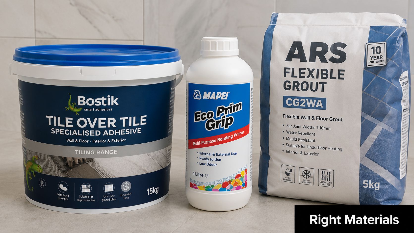 A bucket of Bostik adhesive, Mapei bonding primer, and a bag of ARS flexible grout for tiling.