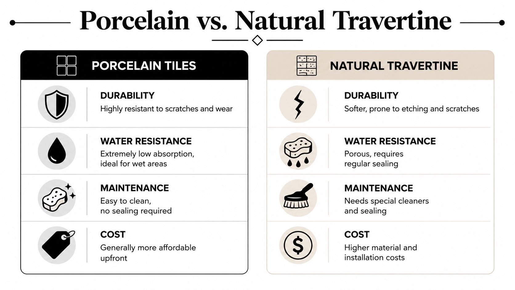 A comparison chart outlining the key differences between porcelain tiles and natural travertine stone materials.