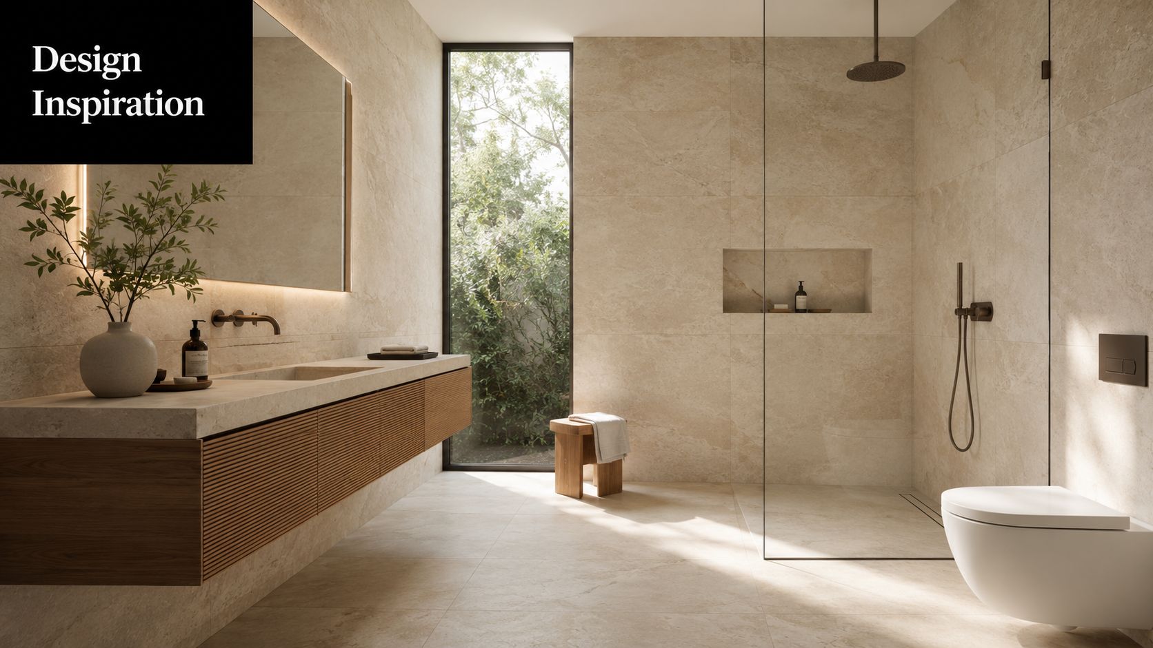 A modern bathroom featuring elegant travertine look porcelain tiles, a wooden vanity, and a glass-enclosed shower area.