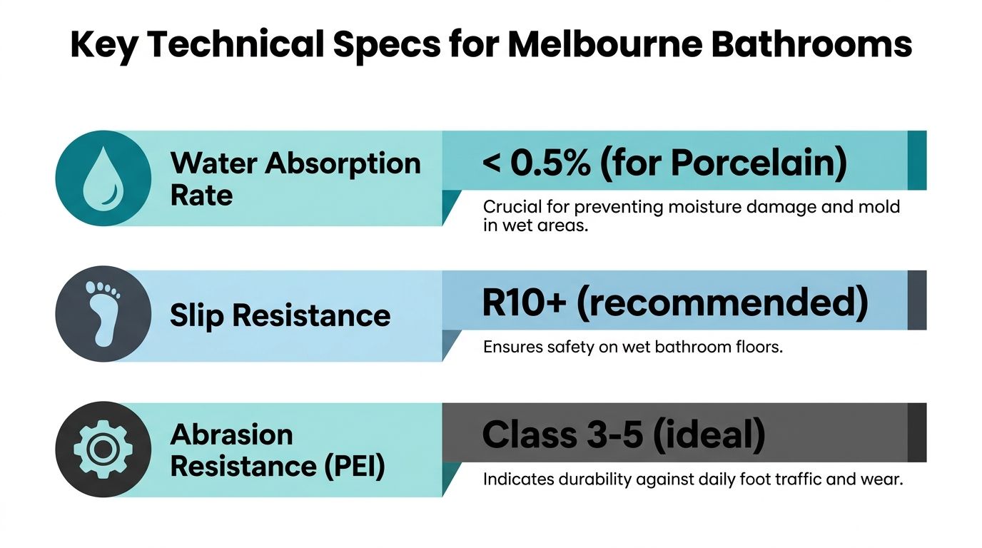 A technical specification chart for selecting bathroom tiles in Melbourne, highlighting water absorption, slip resistance, and abrasion ratings.