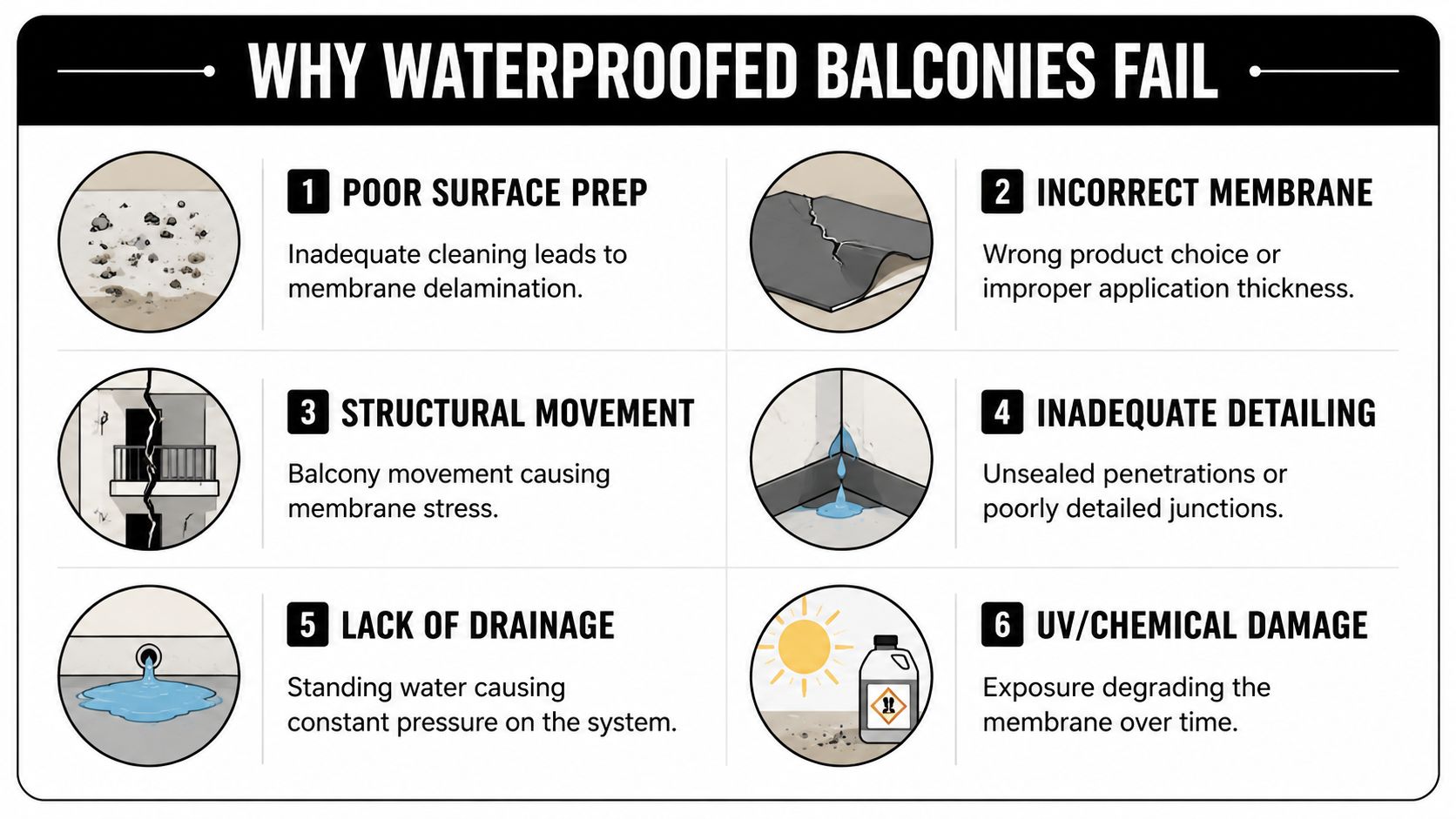 An infographic titled Why Waterproofed Balconies Fail, listing six common causes of structural waterproofing system failures.