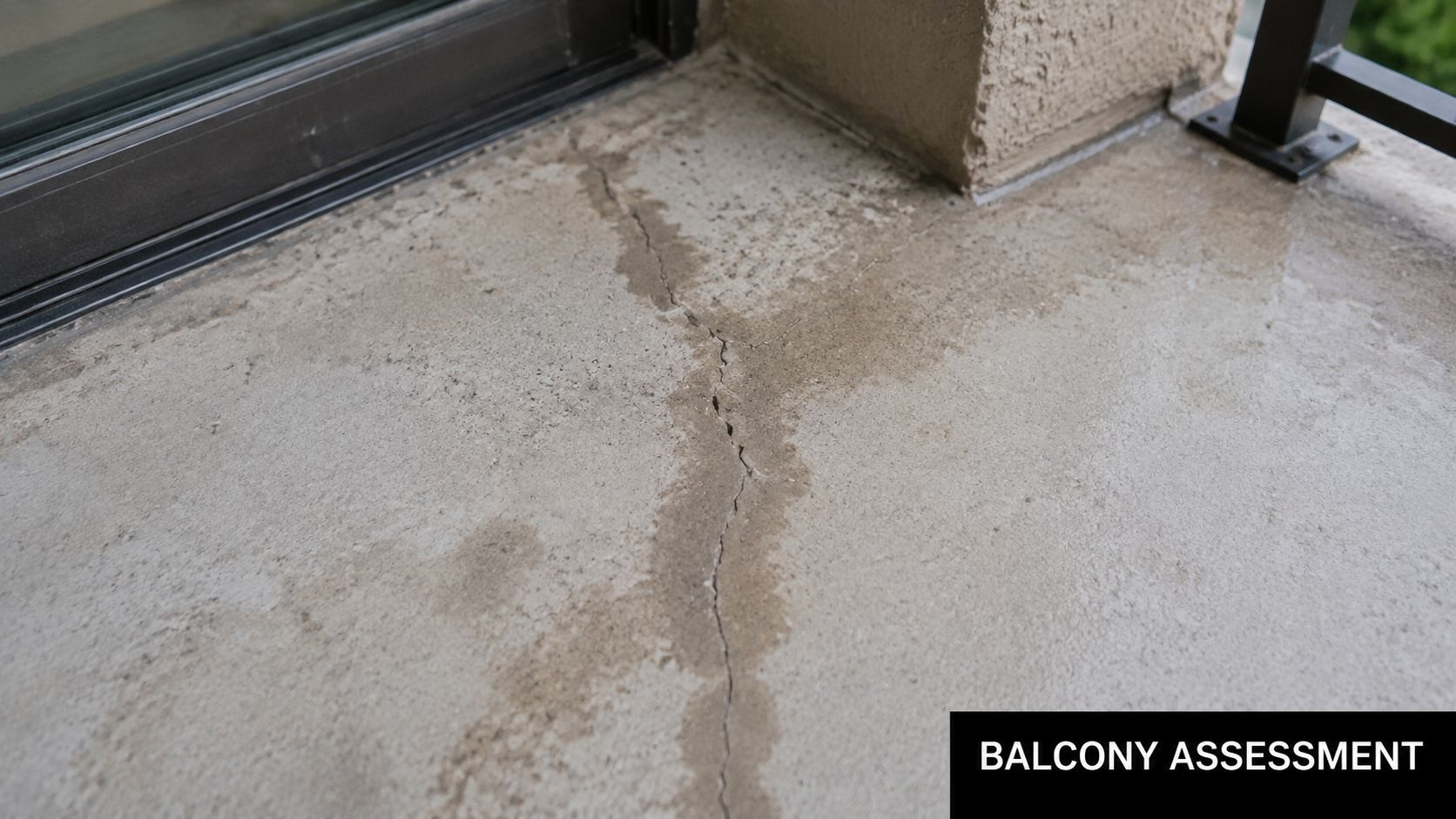 Close up view of a concrete balcony floor showing a significant structural crack and water damage.