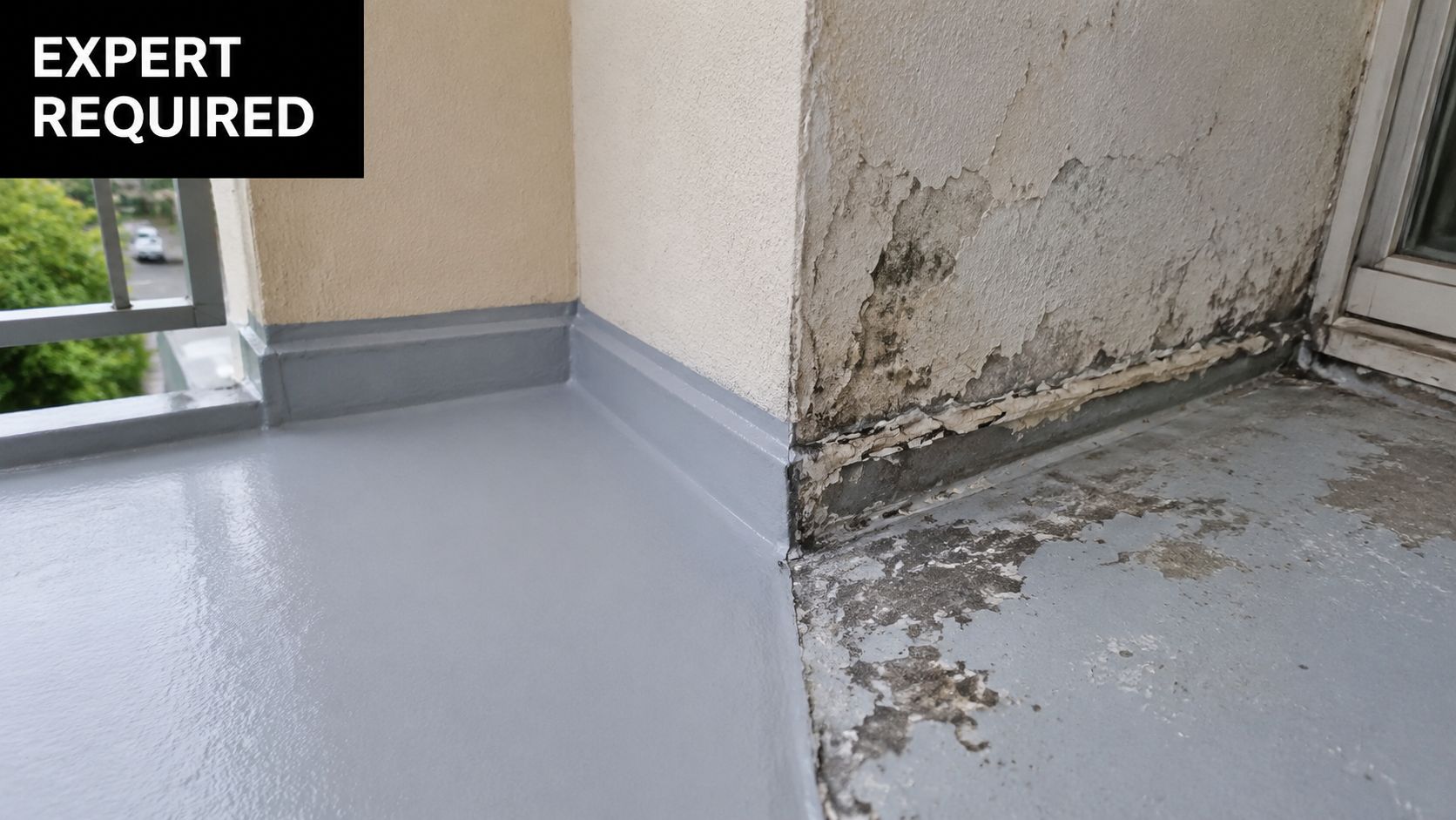 A close up view of a balcony showing damaged, peeling wall paint and concrete near a waterproofed section.