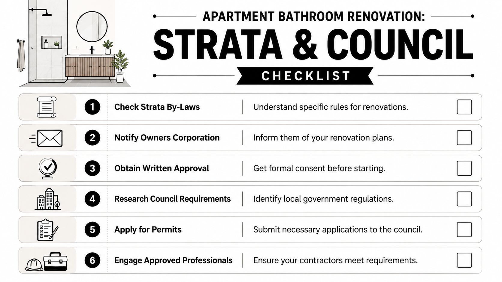 A checklist infographic guiding apartment owners through the essential strata and council steps for a bathroom renovation.