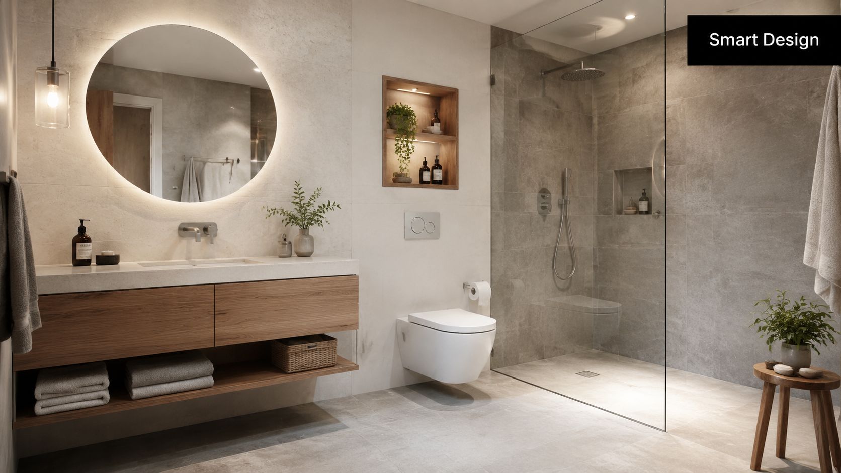 A modern, minimalist bathroom with a floating wood vanity, circular backlit mirror, and a spacious glass shower.