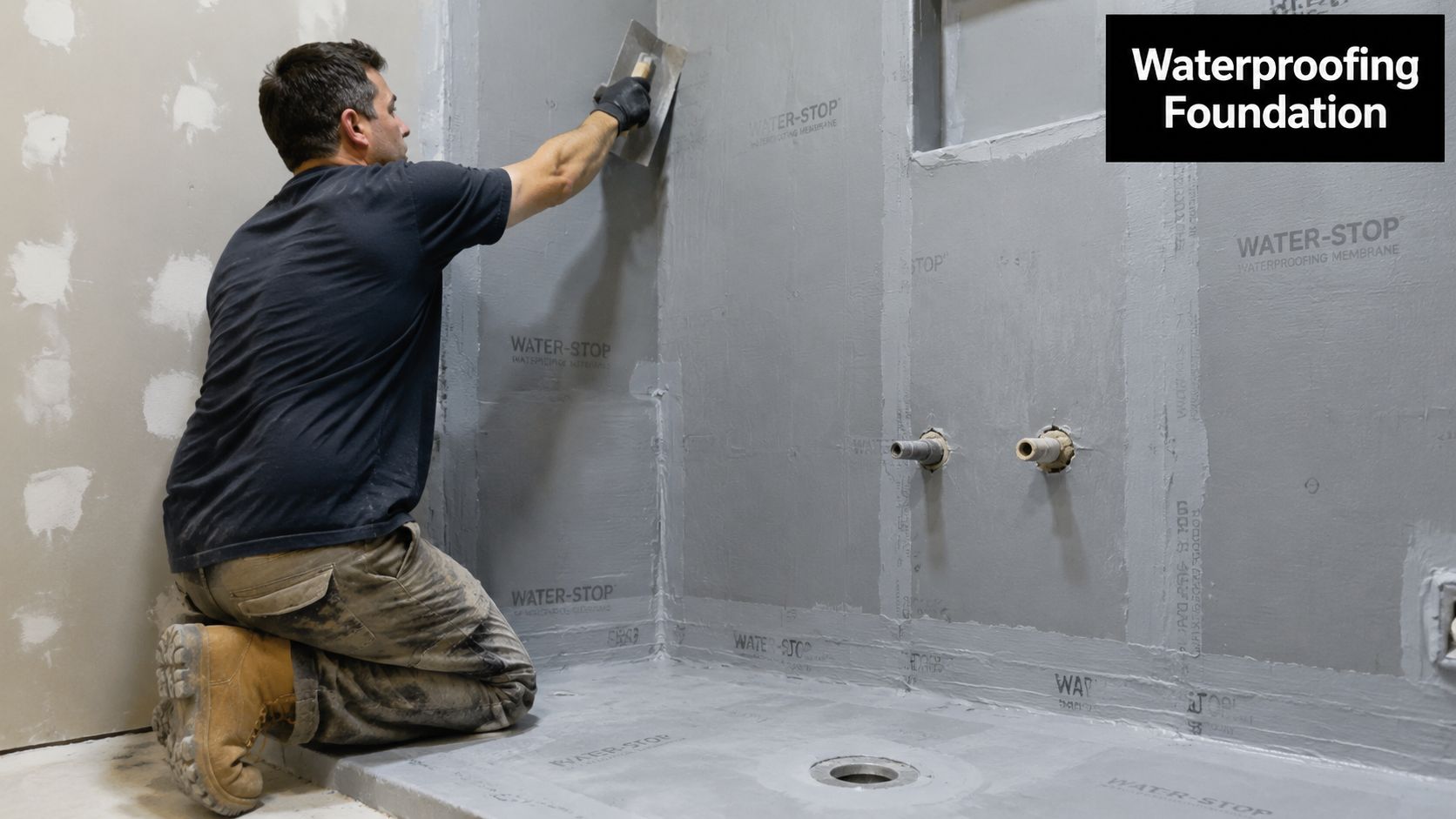 A professional construction worker applying grey waterproofing membrane to a shower wall in a bathroom.