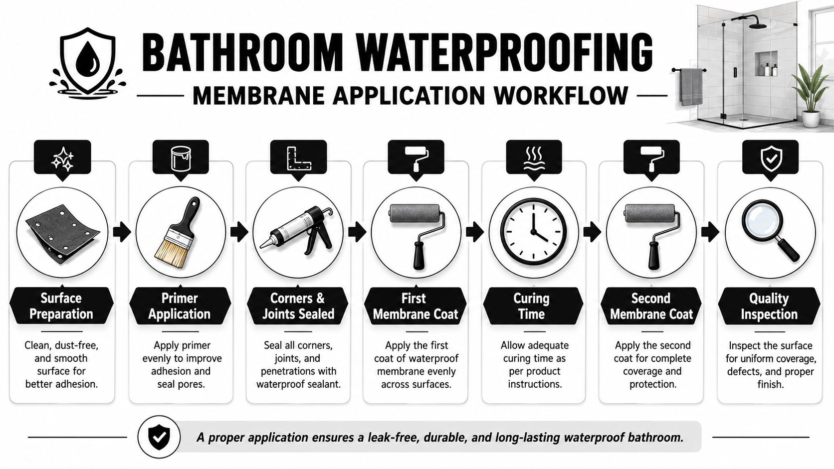 A step-by-step infographic showing the workflow for applying bathroom floor waterproofing membranes, from surface preparation to inspection.