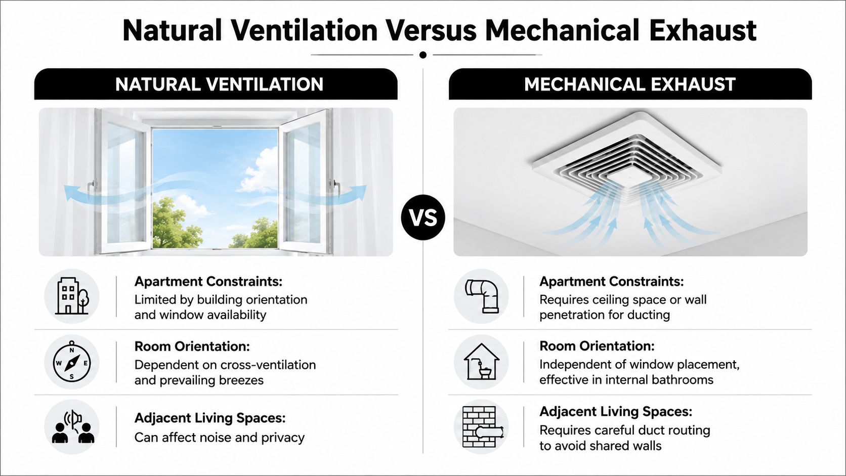 A comparison chart showing the differences between natural ventilation through windows and mechanical exhaust systems in apartments.