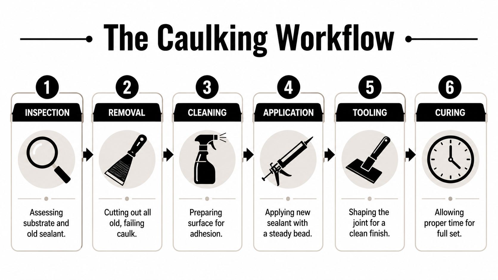 An infographic showing the six essential steps of the professional caulking workflow from inspection to final curing.