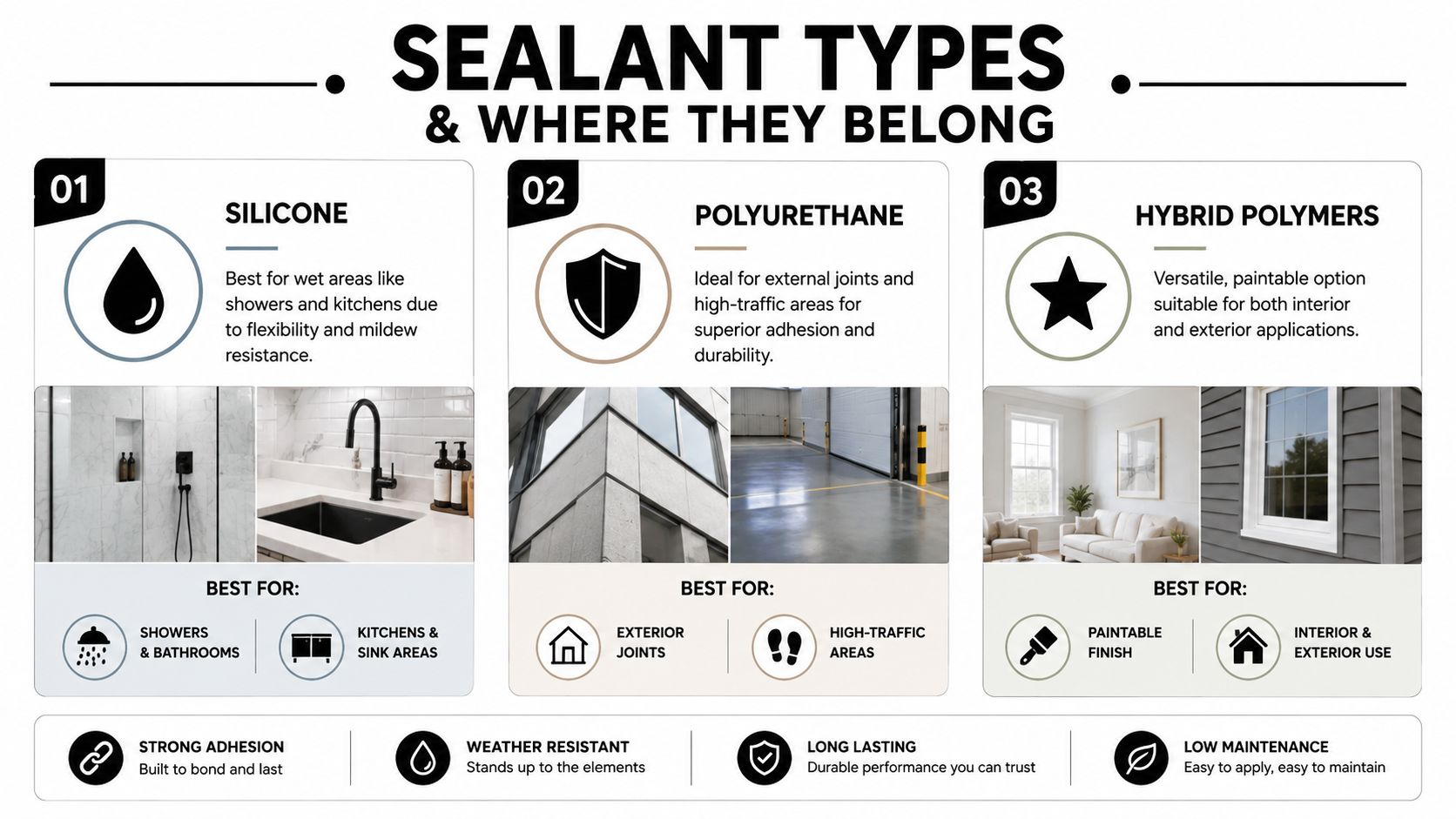 An infographic titled Sealant Types displaying information about silicone, polyurethane, and hybrid polymer sealants for various applications.