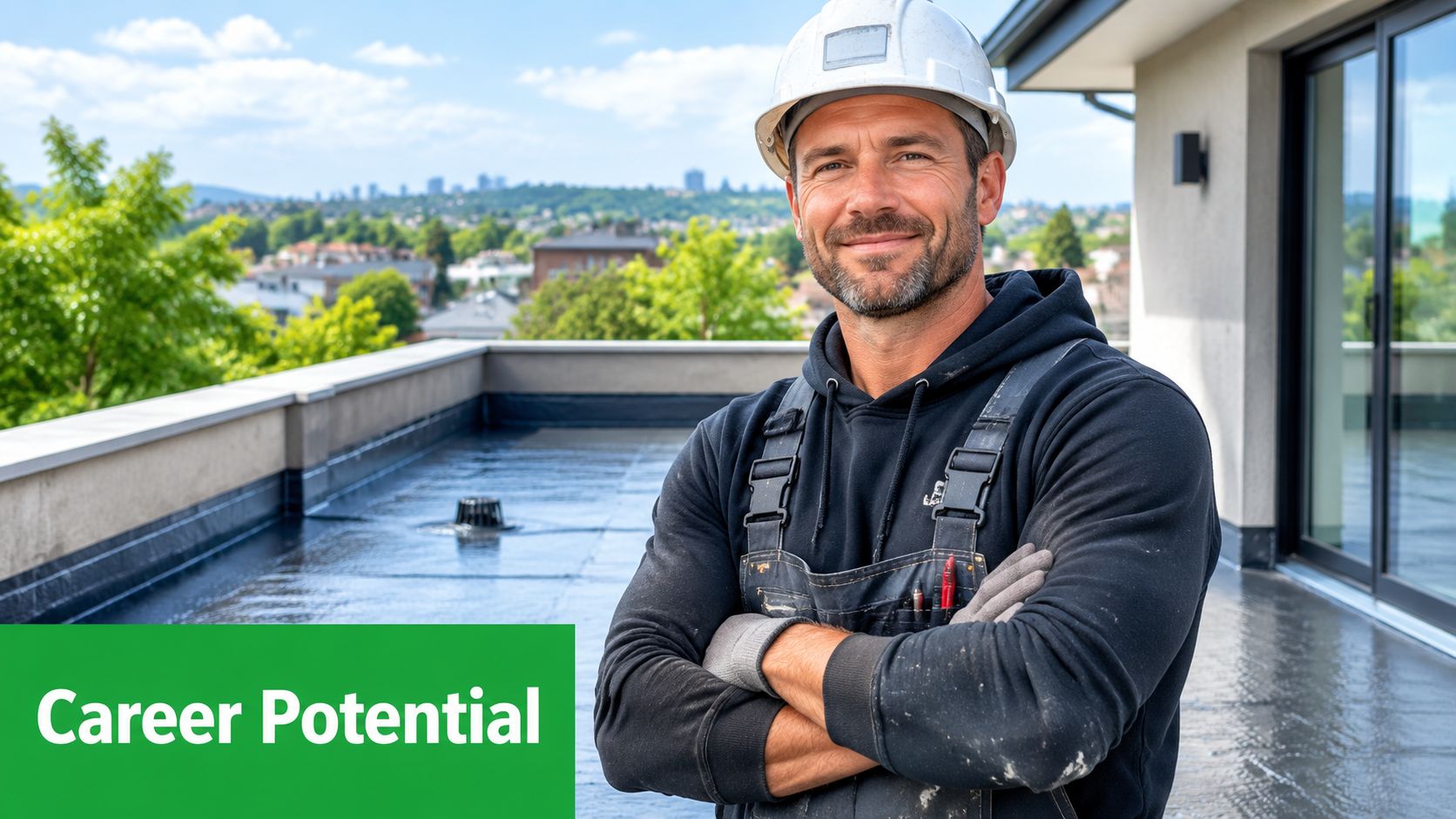 A professional construction worker wearing a white hard hat stands confidently on a flat residential roof.