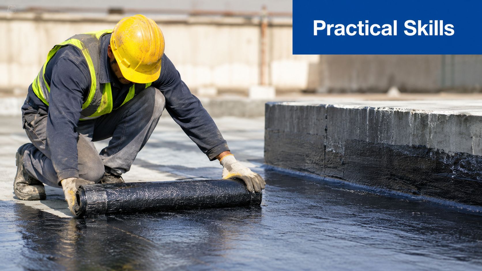 A construction worker in a safety helmet applying waterproof membrane to a concrete surface on site.