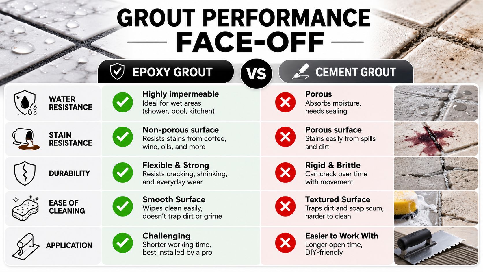 A comparison chart showing the performance differences between epoxy grout and cement grout for tiling projects.