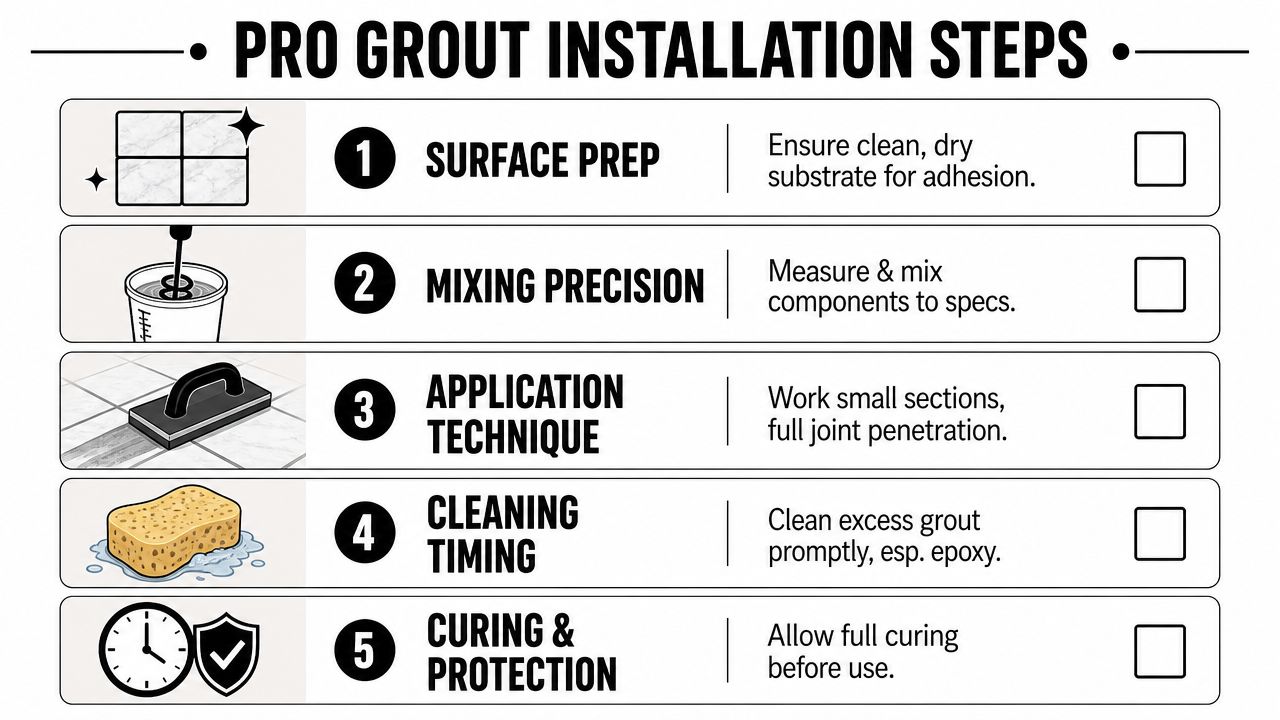 An instructional infographic detailing the five essential steps for professional tile grout installation, from surface preparation to curing.