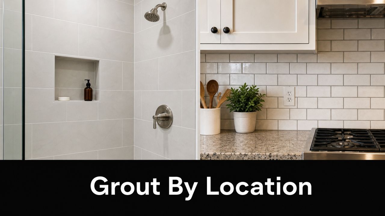 A split image showing a clean modern bathroom shower and a tidy kitchen backsplash with text overlay.