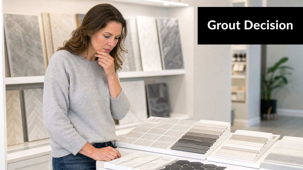 A woman carefully considering different tile and grout samples while shopping for home renovation materials.
