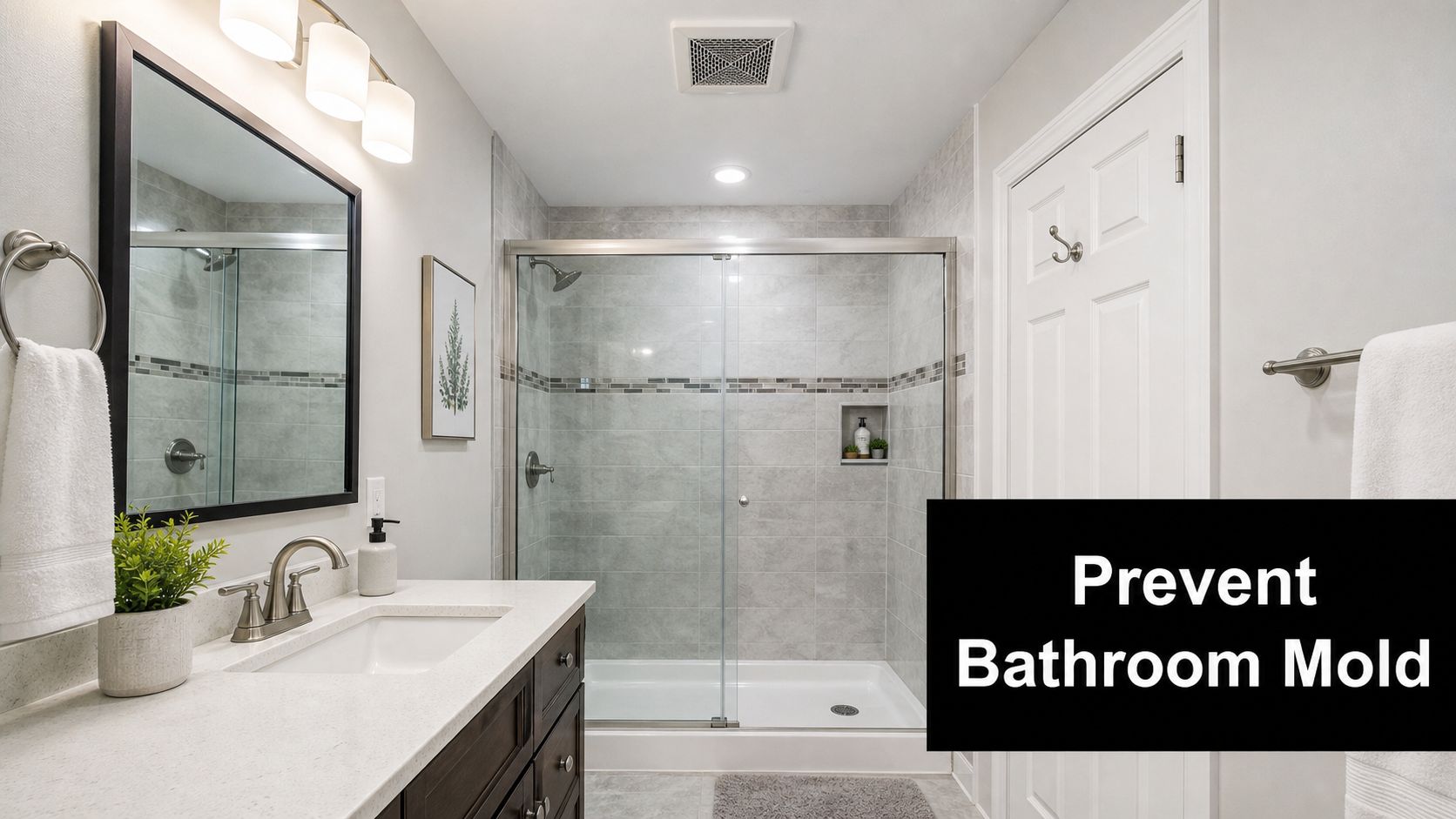 A modern, well-lit bathroom featuring a walk-in glass shower, a vanity, and an overhead exhaust fan.