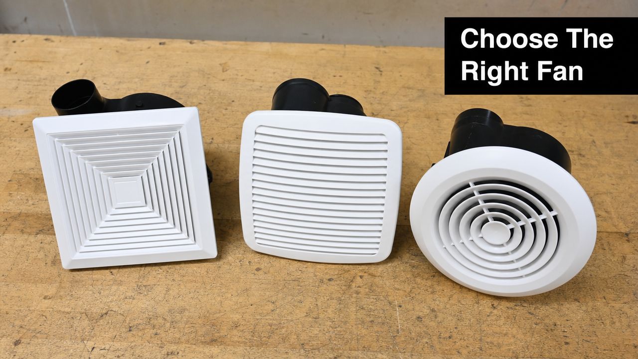 Three different styles of white bathroom exhaust fans sitting on a wooden workshop table.