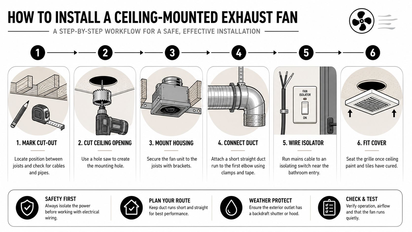 A six-step instructional graphic showing how to install a ceiling-mounted exhaust fan safely and effectively.