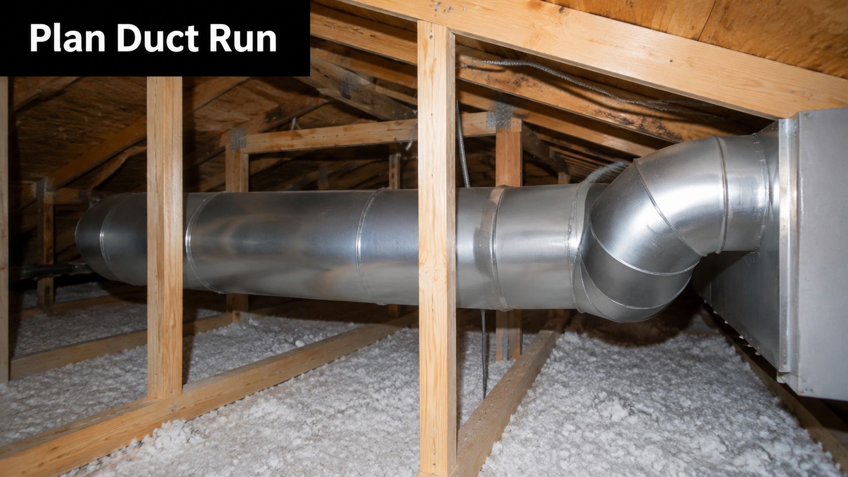 A long cylindrical metal HVAC duct running through an unfinished residential attic space with insulation.