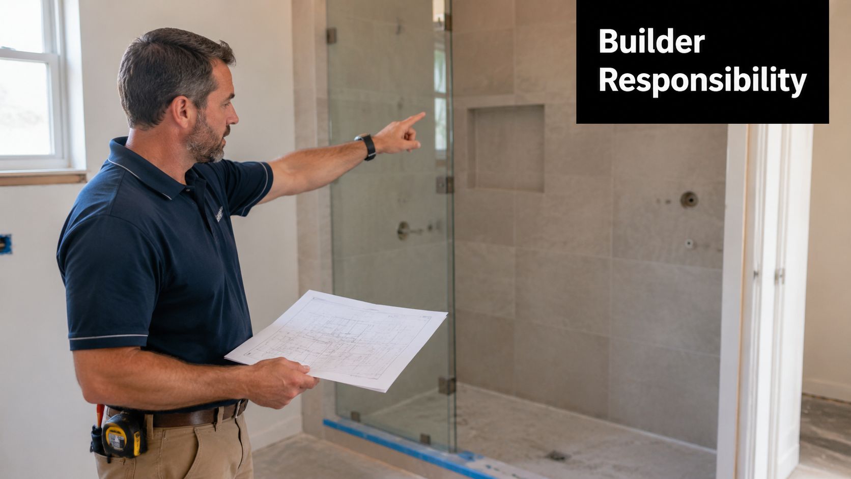 A professional builder holding blueprints and pointing towards a newly installed glass shower screen in a bathroom.