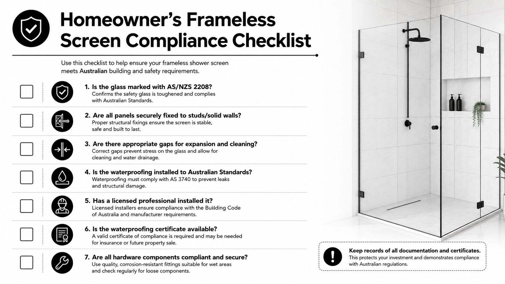 A checklist for homeowner frameless shower screen compliance with Australian building and safety standards for bathroom installation.