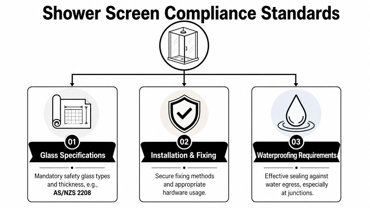 A diagram outlining the three main compliance standards for shower screens: glass specifications, installation methods, and waterproofing.