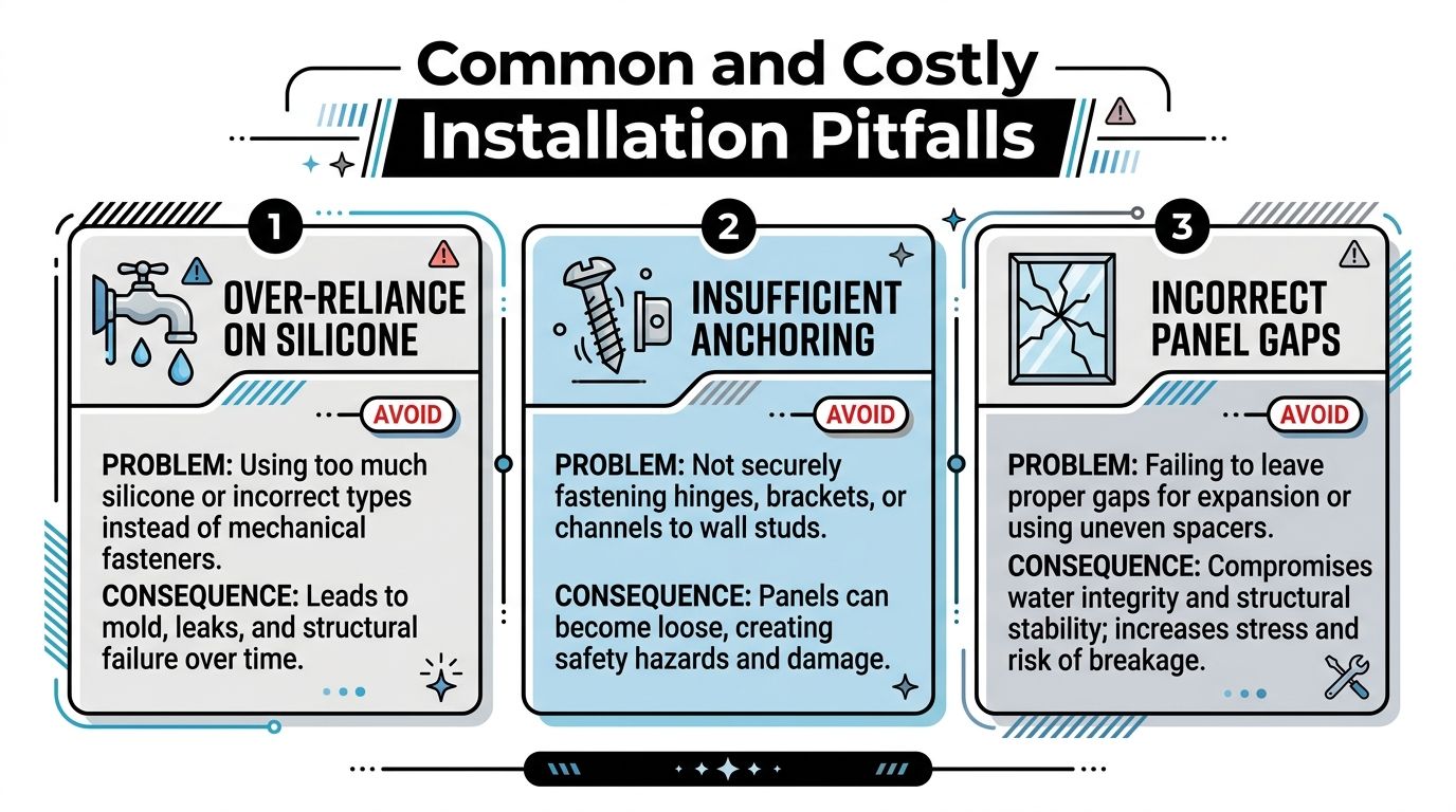 An infographic detailing three common installation pitfalls for frameless shower screens, including silicone, anchoring, and panel gaps.