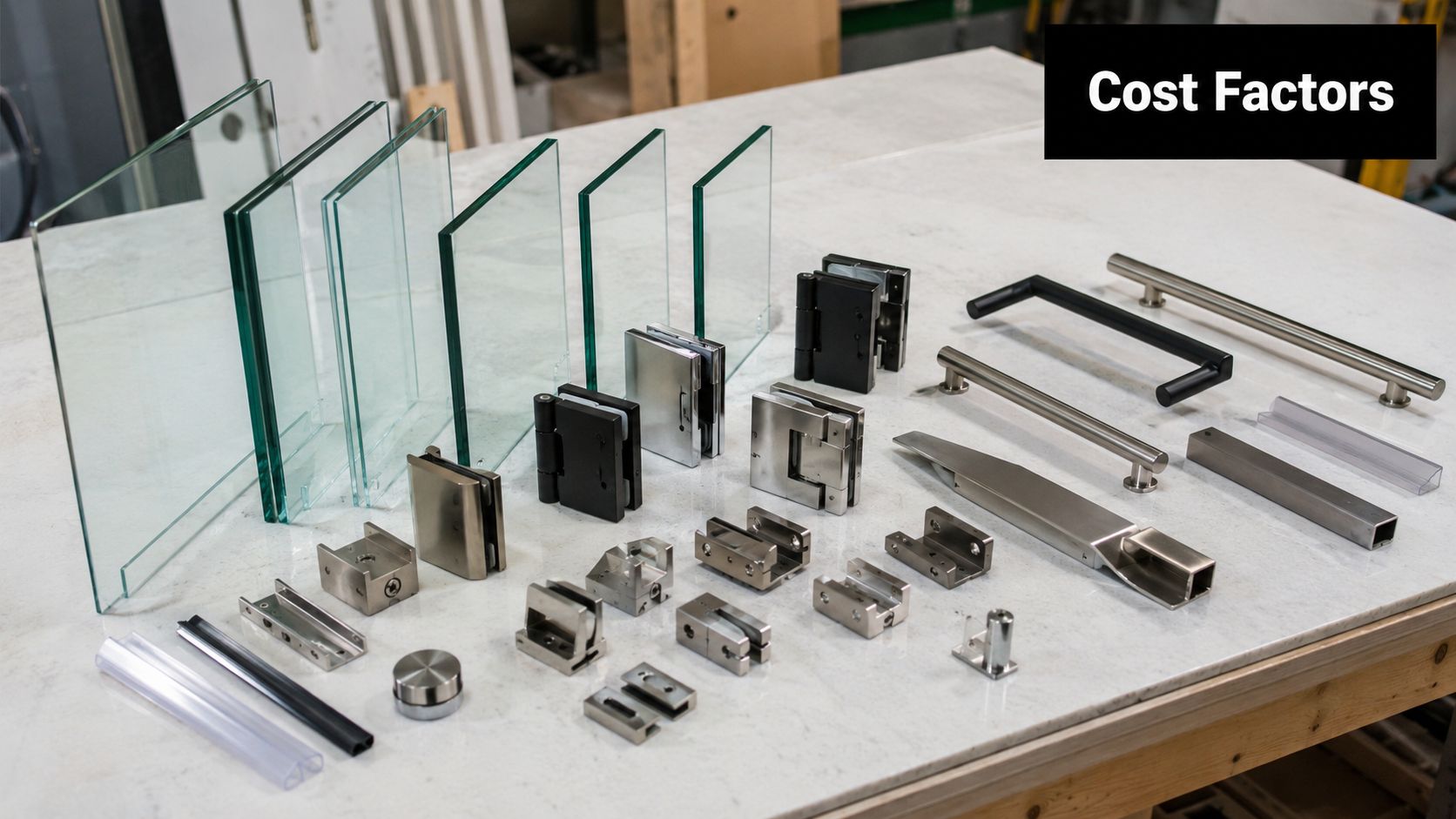 An array of glass panels and various metal shower door hardware components laid out on a table.