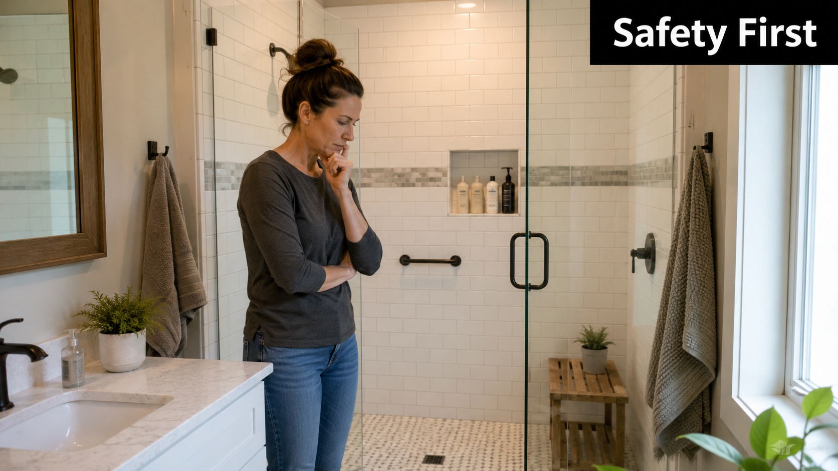 A woman stands in a modern bathroom looking thoughtfully at a shower grab rail installation.