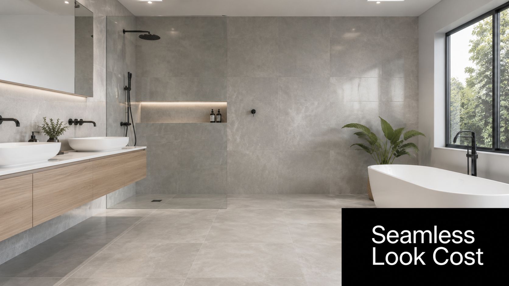 A modern, luxurious bathroom with large format gray tiles, a floating vanity, and a freestanding bathtub.