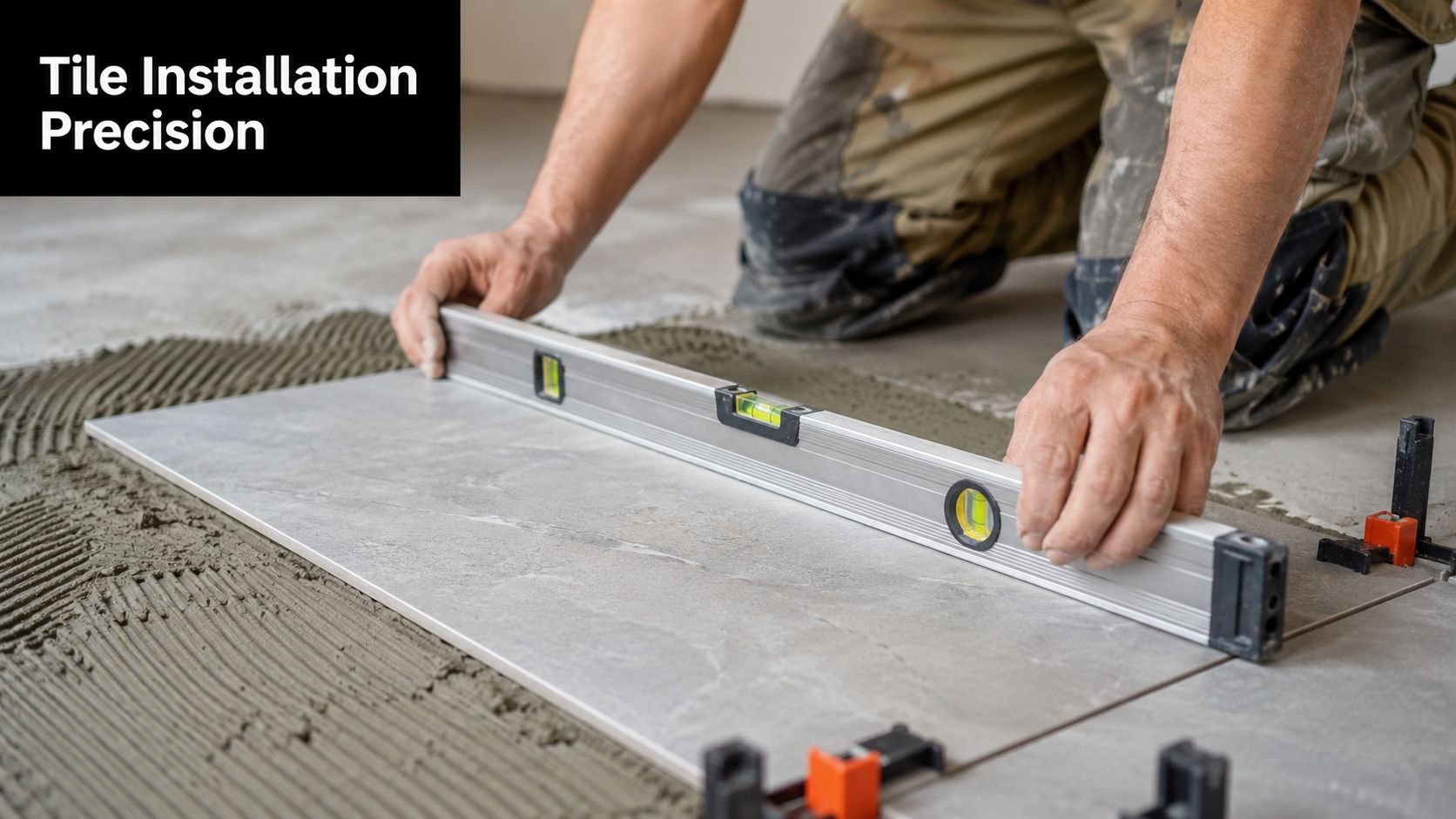 A professional tile setter uses a long spirit level to check the alignment of a large porcelain tile.