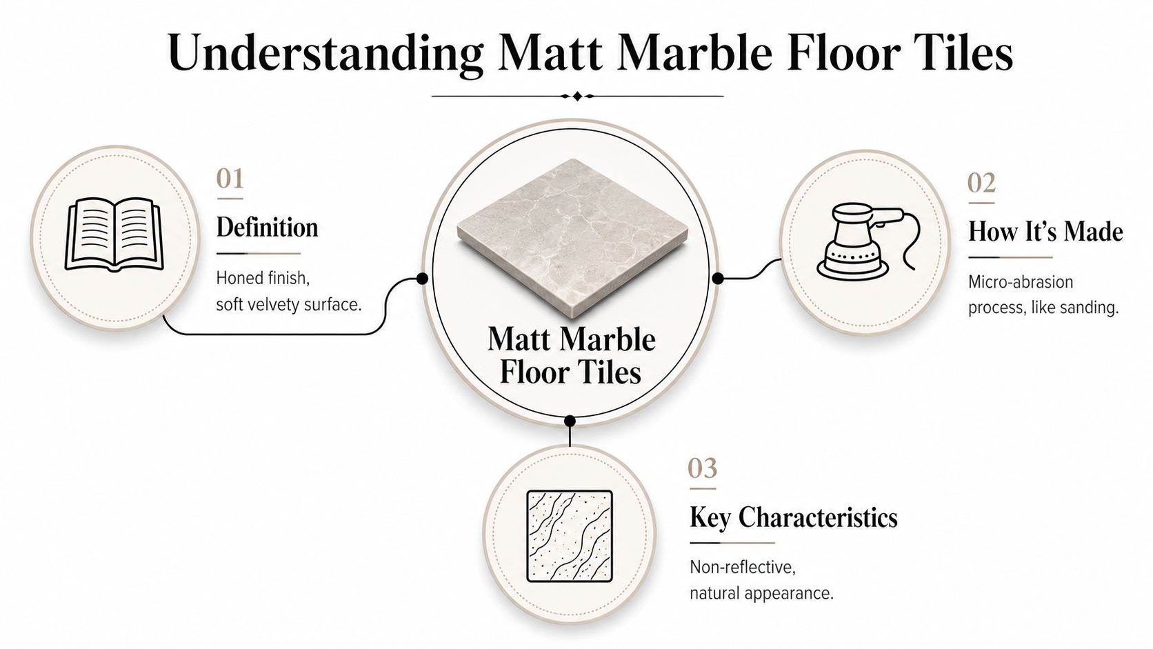 An infographic explaining the definition, manufacturing process, and key characteristics of matt marble floor tiles.