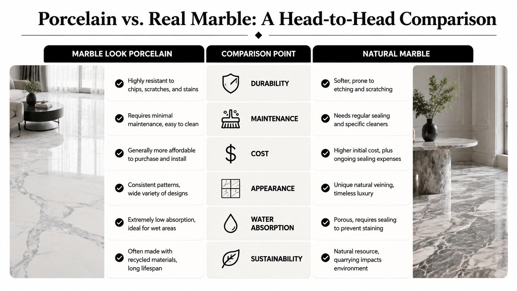 A comparison chart outlining the key differences between marble look porcelain and natural marble tiles for home flooring.
