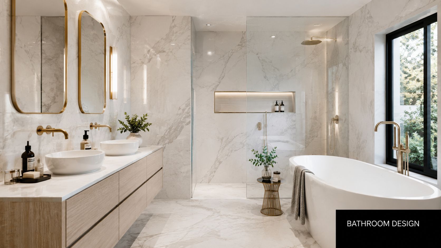 A modern luxury bathroom featuring marble look porcelain tiles, a sleek double vanity, and a freestanding soaking tub.