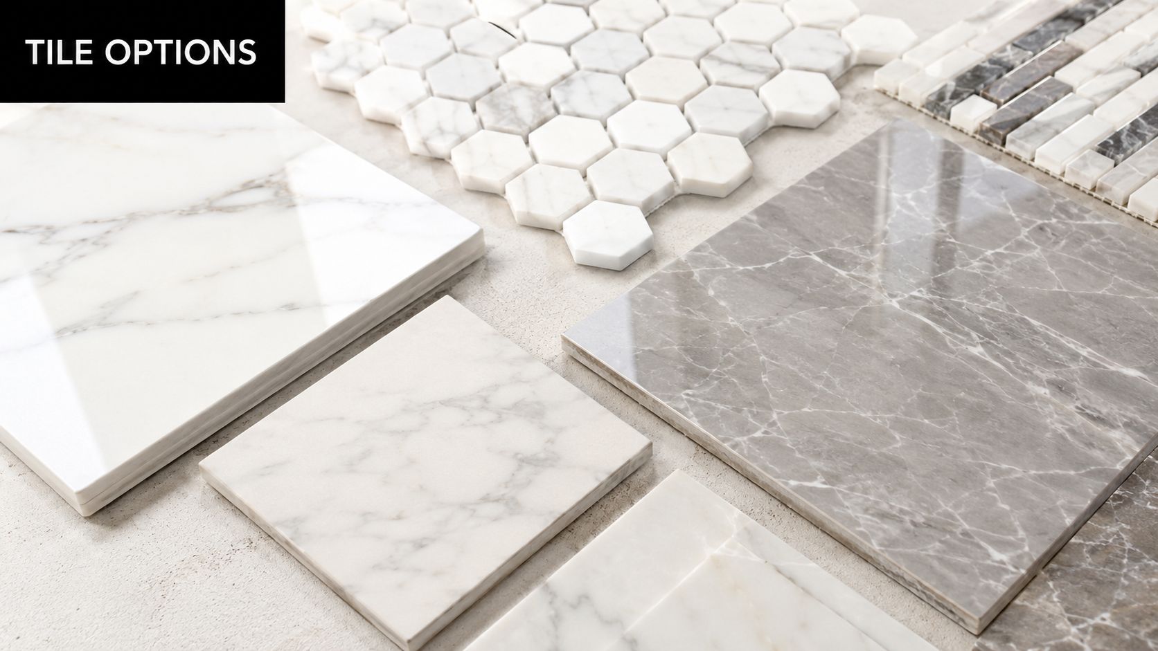 A display of various marble look porcelain tile samples, including square tiles and a hexagonal mosaic pattern.