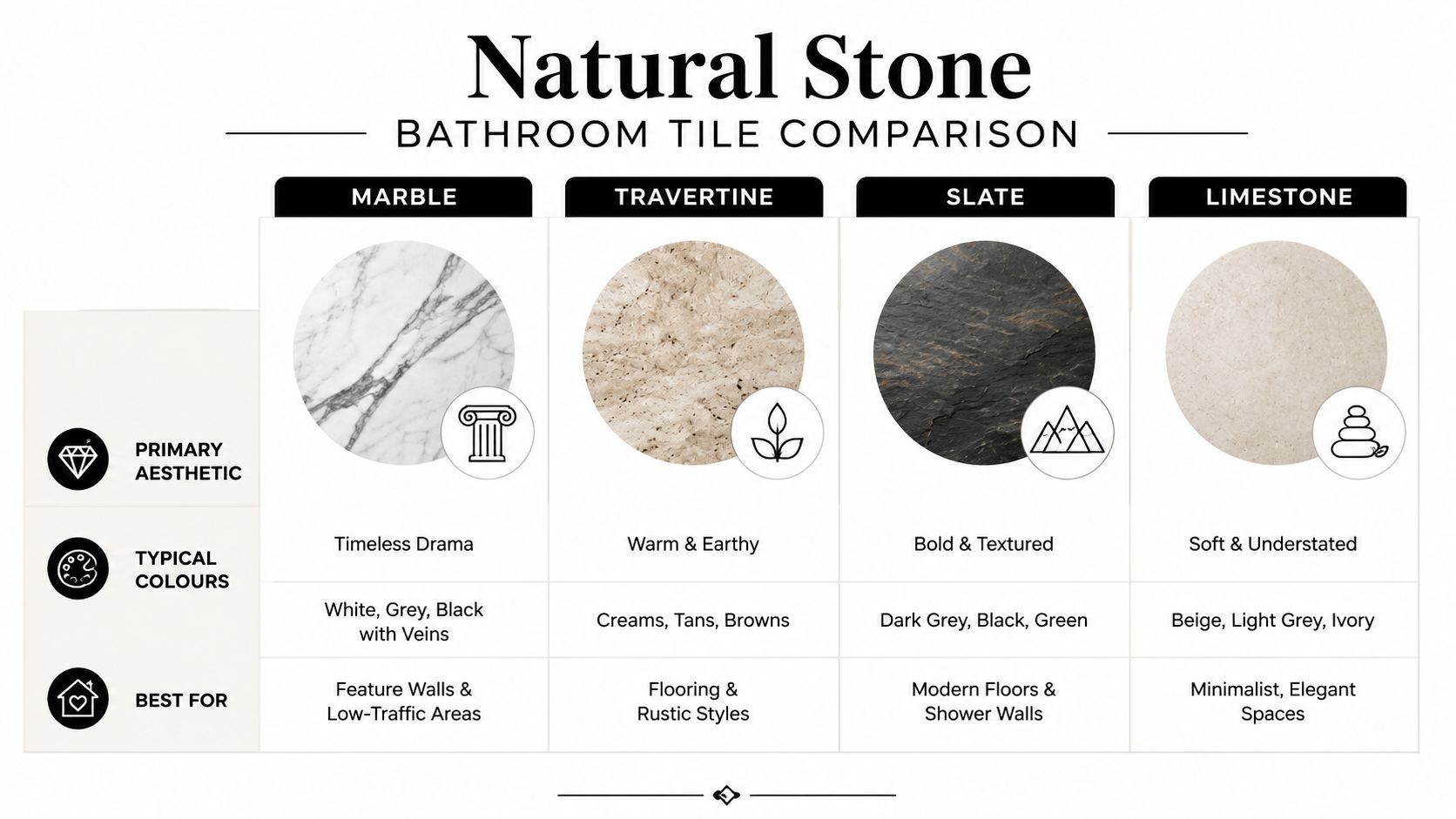 A comparison chart of four natural stone bathroom tiles including marble, travertine, slate, and limestone with descriptions.