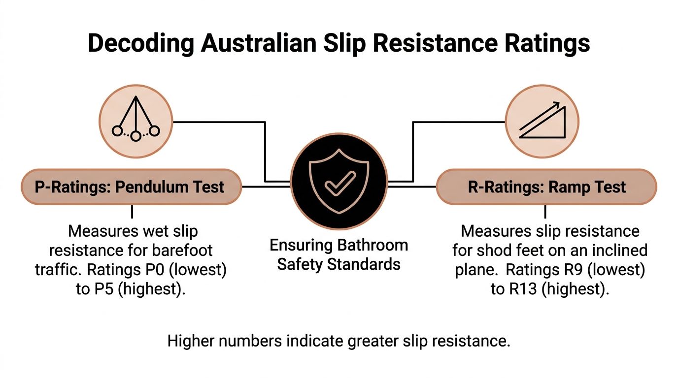 An infographic explaining Australian slip resistance ratings including P-ratings for barefoot traffic and R-ratings for shod feet.