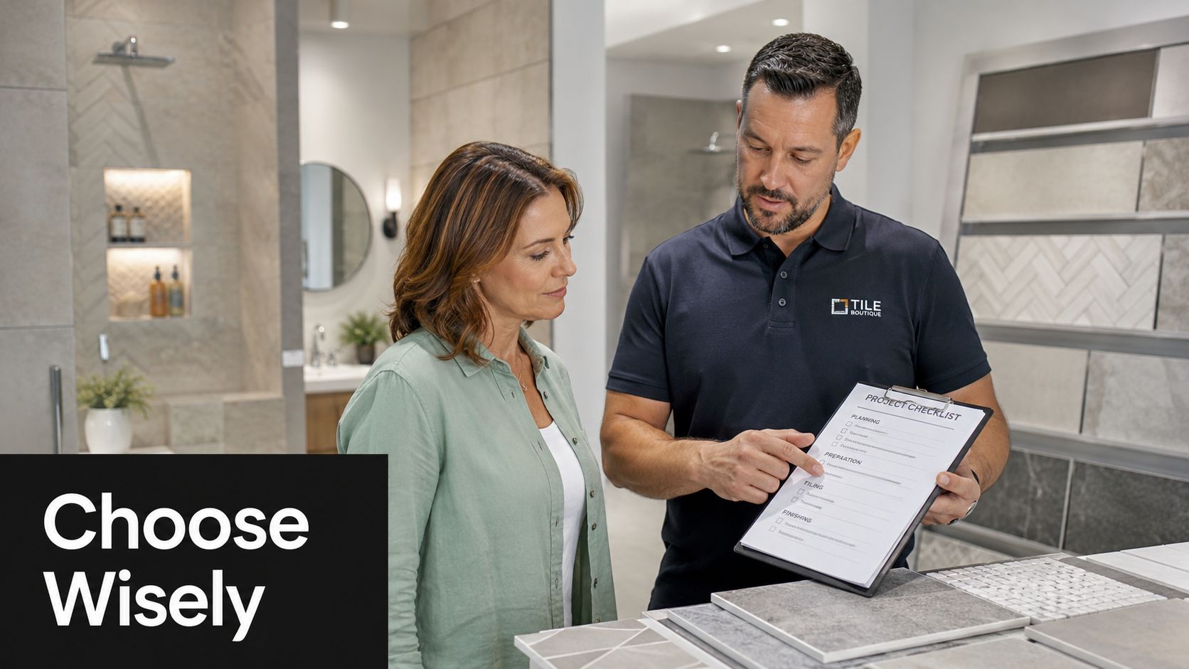 A professional tile consultant assists a female customer with a project checklist in a showroom.