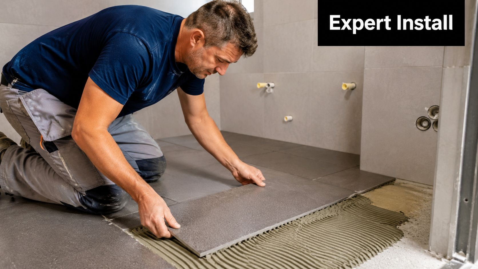 A professional tiler kneeling on a construction site while carefully installing gray non slip bathroom flooring tiles.