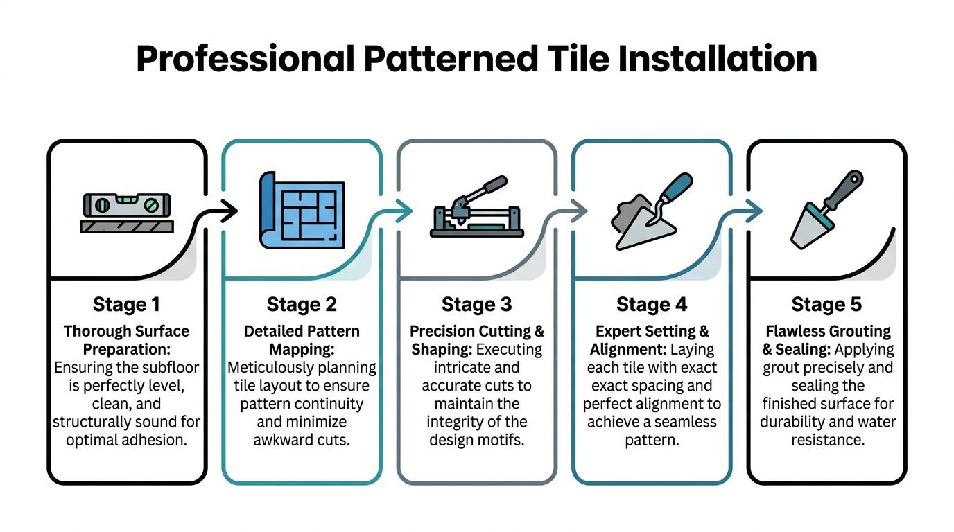 A five-stage infographic illustrating the professional process for installing patterned floor tiles from preparation to sealing.