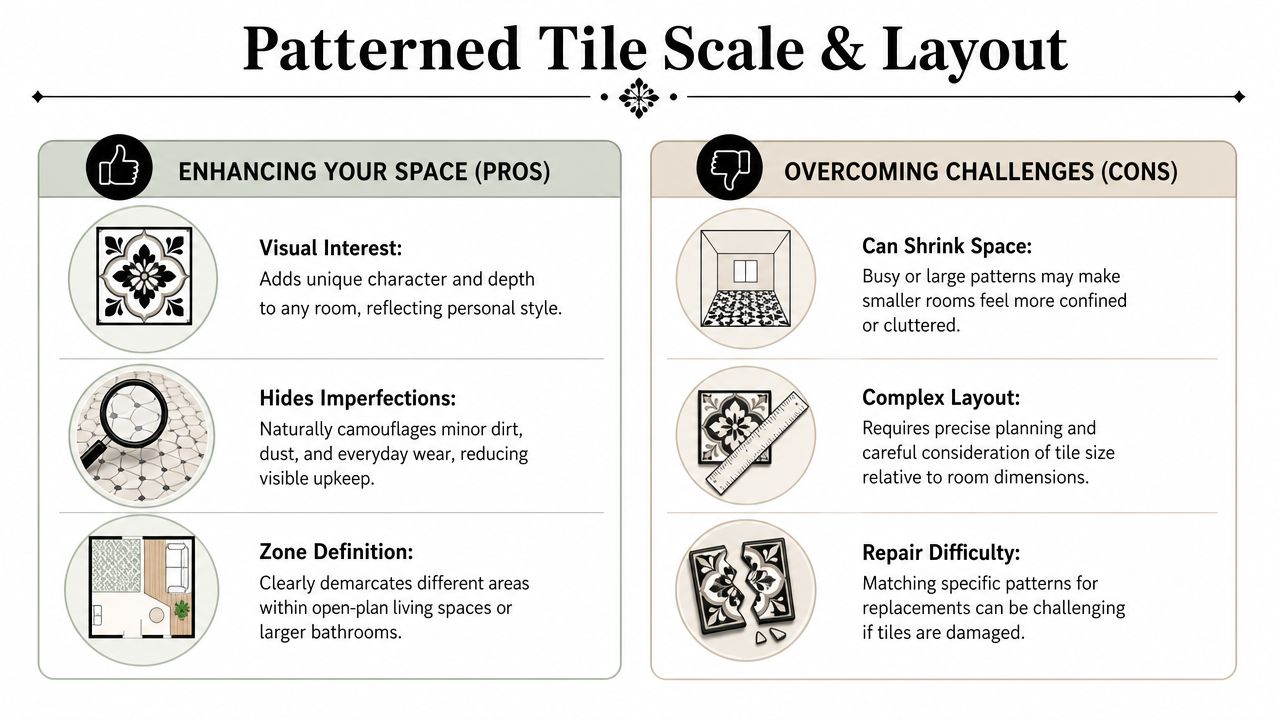 An infographic illustrating the pros and cons of using patterned tiles for interior home decor design.
