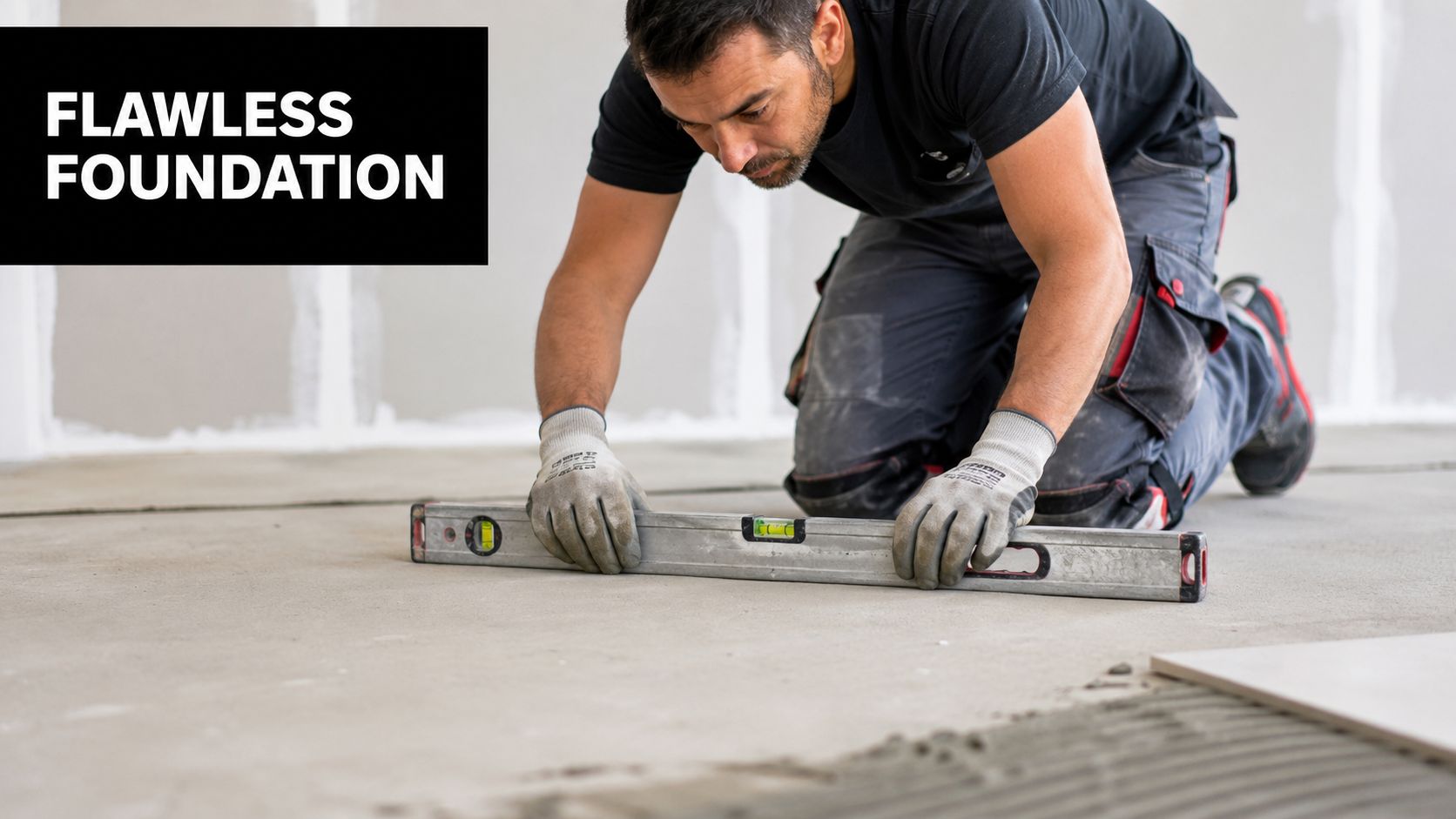 A professional construction worker uses a spirit level to check the floor surface before laying tiles.